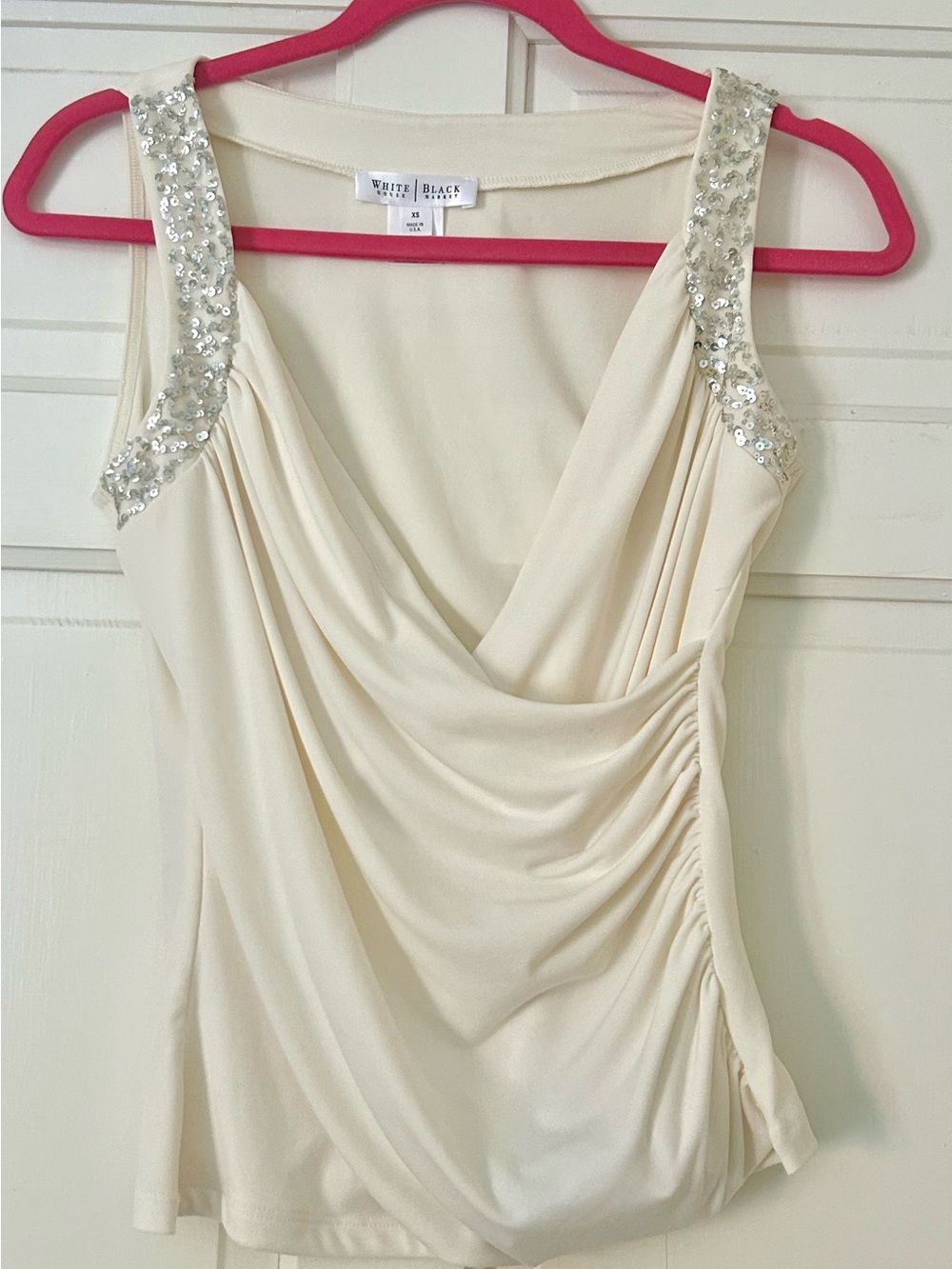 White House Black Market Cream Sequin-Strap Draped Tank